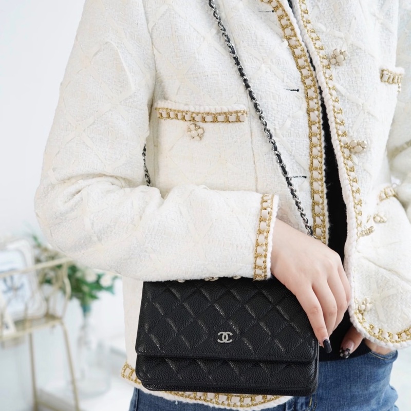 「JL精品代購」 98新 Chanel 香奈兒 Woc 荔枝牛皮 黑銀-1