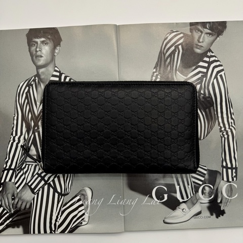 GUCCI 古馳 Microguccissima 經典小雙G壓紋拉鍊黑色長夾