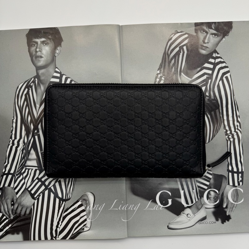 GUCCI 古馳 Microguccissima 經典小雙G壓紋拉鍊黑色長夾-1
