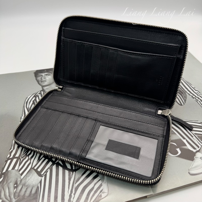 GUCCI 古馳 Microguccissima 經典小雙G壓紋拉鍊黑色長夾-4