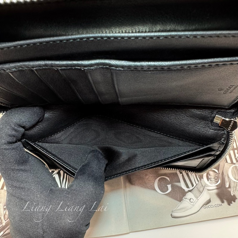 GUCCI 古馳 Microguccissima 經典小雙G壓紋拉鍊黑色長夾-13