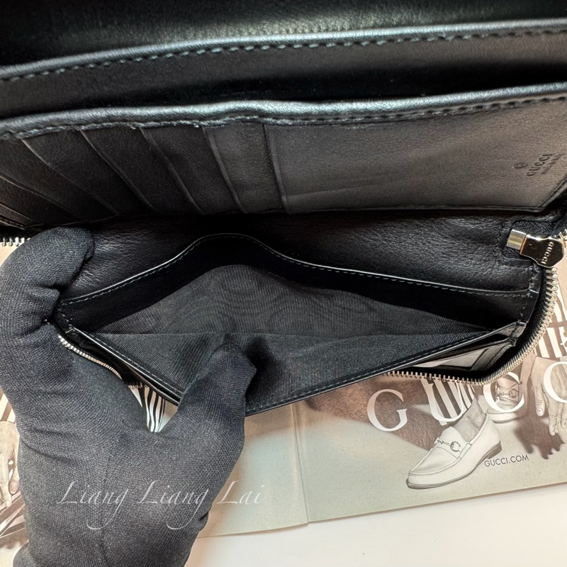 GUCCI 古馳 Microguccissima 經典小雙G壓紋拉鍊黑色長夾-14