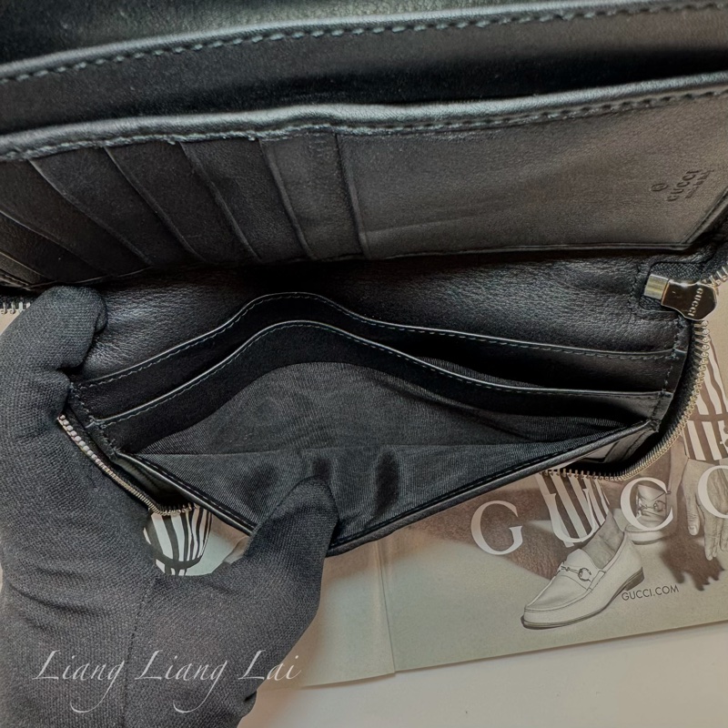 GUCCI 古馳 Microguccissima 經典小雙G壓紋拉鍊黑色長夾-15