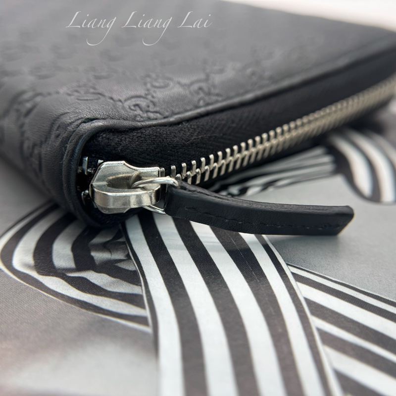 GUCCI 古馳 Microguccissima 經典小雙G壓紋拉鍊黑色長夾-18