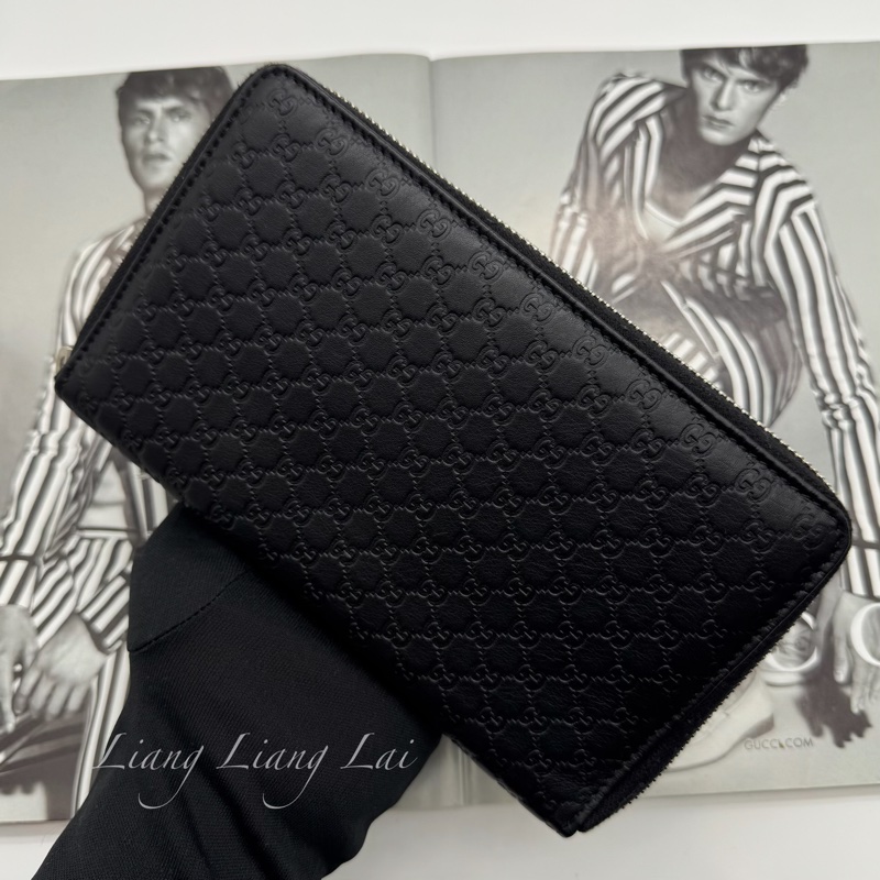 GUCCI 古馳 Microguccissima 經典小雙G壓紋拉鍊黑色長夾-19