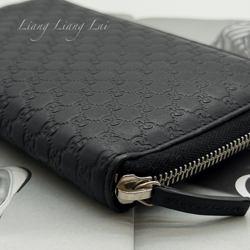 GUCCI 古馳 Microguccissima 經典小雙G壓紋拉鍊黑色長夾-25