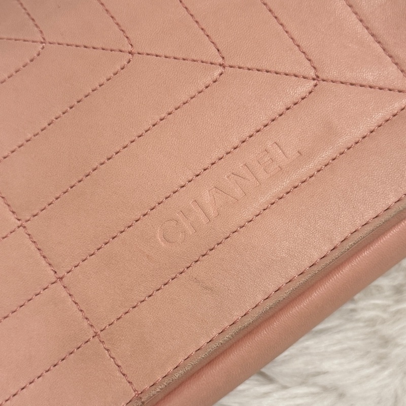 Chanel 中古香奈兒粉色羊皮肩背包腋下包法棍包冰格包-14