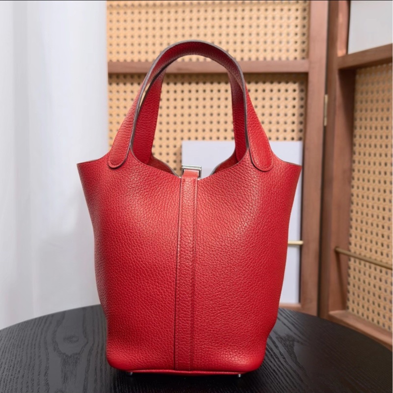 明艷動人😍低價出超划算🆕Hermes愛馬仕蕃茄紅銀扣菜籃子18手提包-7