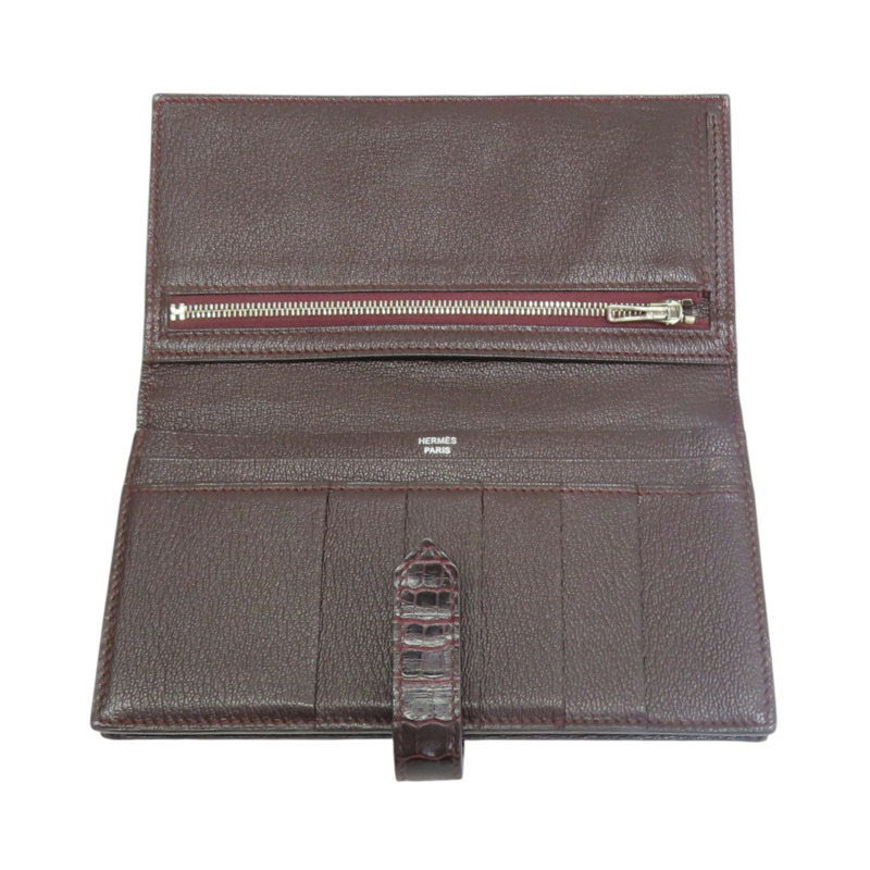 棕色 鱷魚皮 Bearn 長夾 □R刻 銀釦【HERMES 愛馬仕】-4