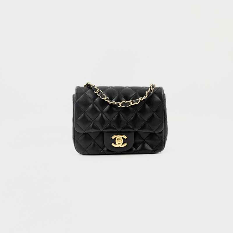 CHANEL - CHANEL黑色金釦菱格羊皮方胖╻ 17cm-0