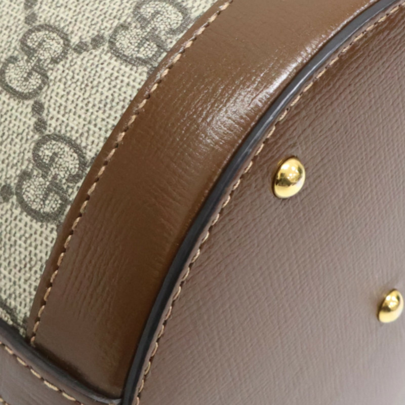 棕色 GG Supreme帆布 牛皮 Horsebit 1955 水桶包 手提包【GUCCI 古馳】 637115-12