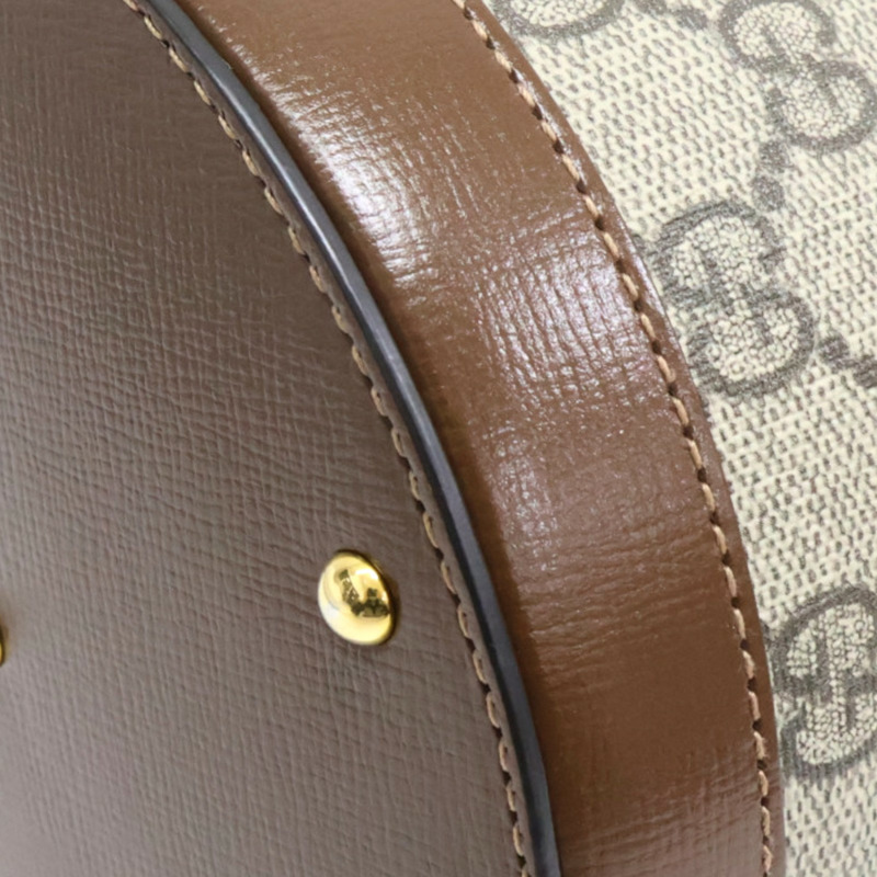 棕色 GG Supreme帆布 牛皮 Horsebit 1955 水桶包 手提包【GUCCI 古馳】 637115-13