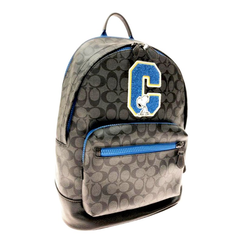 COACH史努比聯名款滿版LOGO皮革後背包-黑灰-0