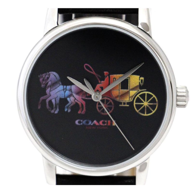 【COACH】彩虹經典馬車LOGO皮革錶帶手錶-黑-1