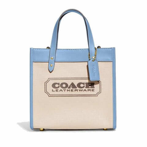 【COACH】拼接皮革手提小托特包-米白藍邊