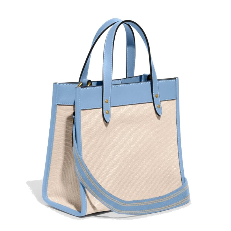【COACH】拼接皮革手提小托特包-米白藍邊-1