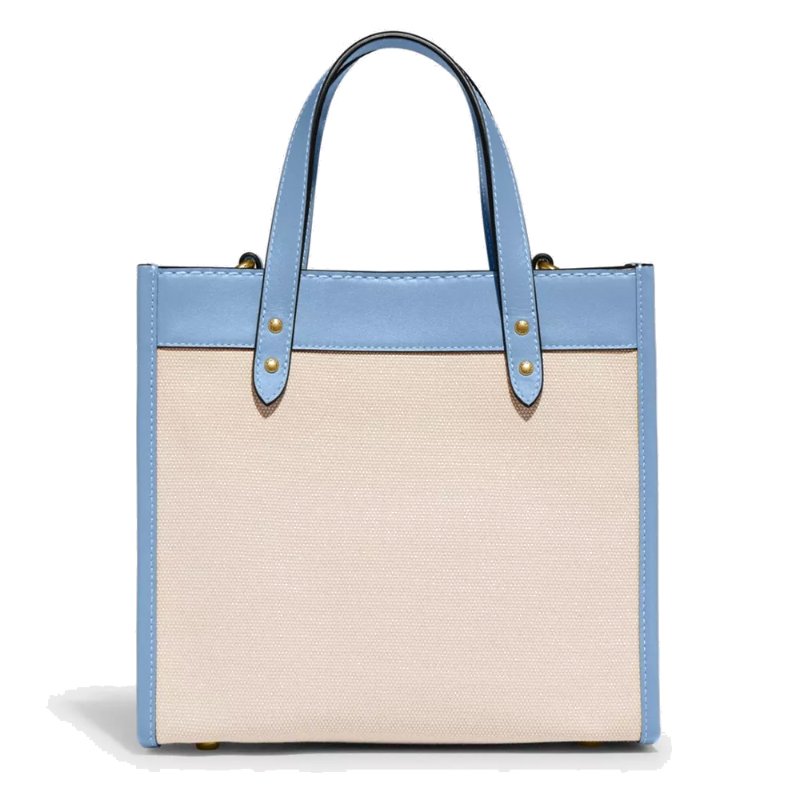 【COACH】拼接皮革手提小托特包-米白藍邊-2