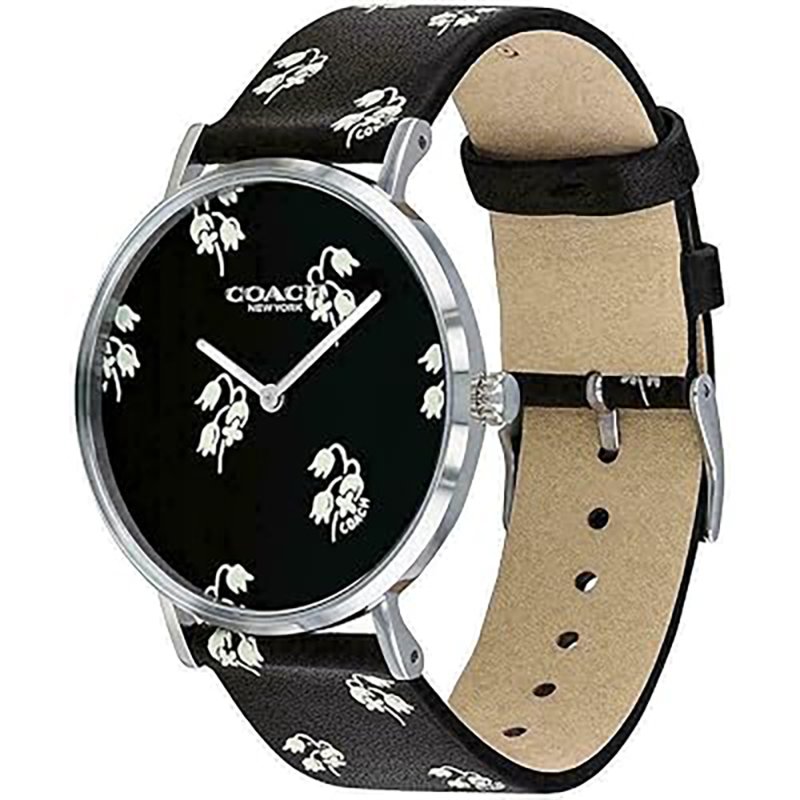 【COACH】花卉造型皮革錶帶手錶-黑白-3
