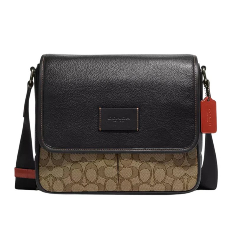 【COACH】緹花拼接皮革翻蓋斜背包-卡其黑-0