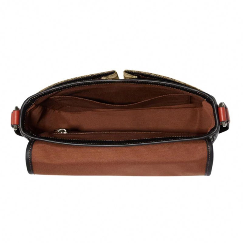 【COACH】緹花拼接皮革翻蓋斜背包-卡其黑-2