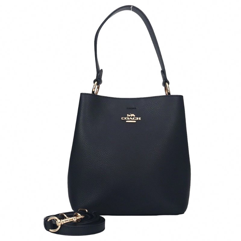 【COACH】素面皮革肩斜兩用水桶包-黑-0