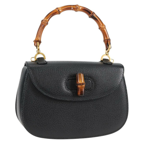 GUCCI 竹節手提包 皮革 黑色 金色 001 1781 1577 0 Auth 137706V