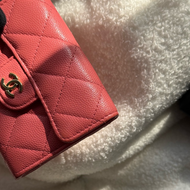 (上海購證🌹全配）香奈兒cf雙層荔枝零錢包 💕乾燥玫瑰粉-7