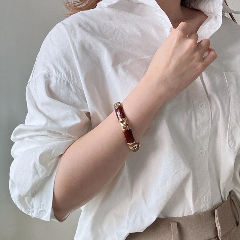 中性 Loewe皮革手鏈 棕色 鍍金拼皮革 羅意威 男女皆宜-1