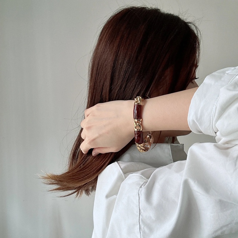 中性 Loewe皮革手鏈 棕色 鍍金拼皮革 羅意威 男女皆宜-2