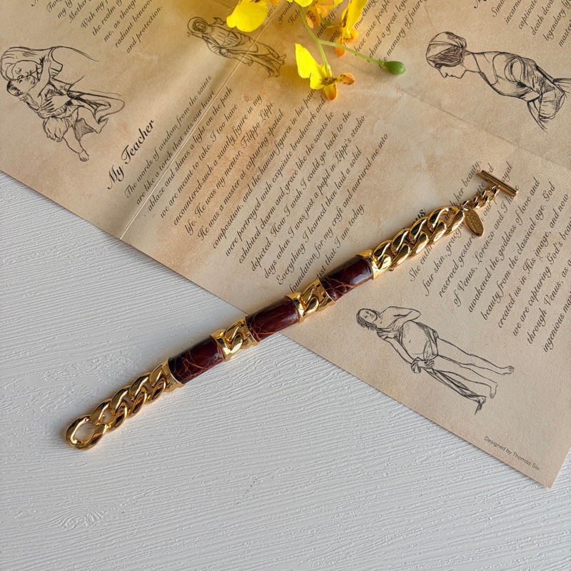 中性 Loewe皮革手鏈 棕色 鍍金拼皮革 羅意威 男女皆宜-4