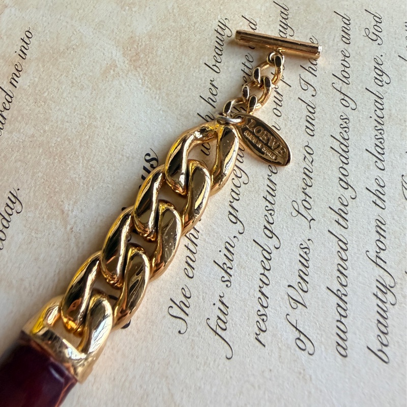 中性 Loewe皮革手鏈 棕色 鍍金拼皮革 羅意威 男女皆宜-7