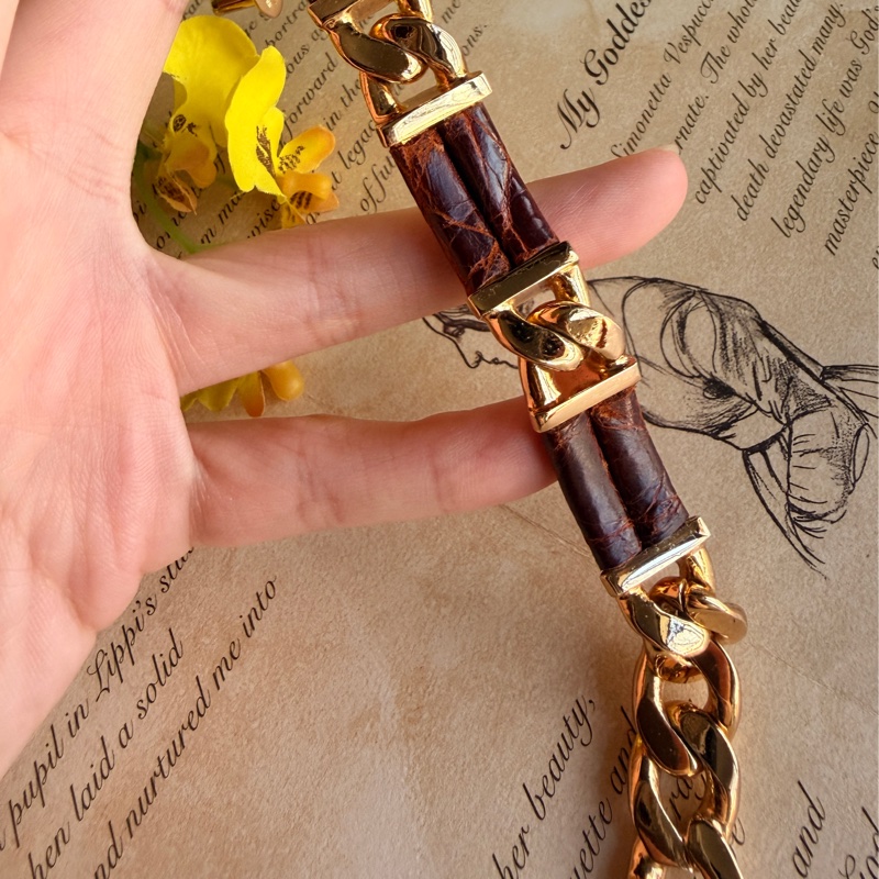 中性 Loewe皮革手鏈 棕色 鍍金拼皮革 羅意威 男女皆宜-8