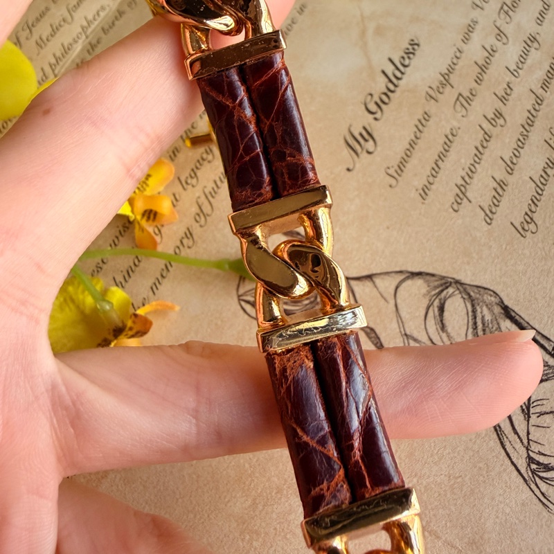 中性 Loewe皮革手鏈 棕色 鍍金拼皮革 羅意威 男女皆宜-9