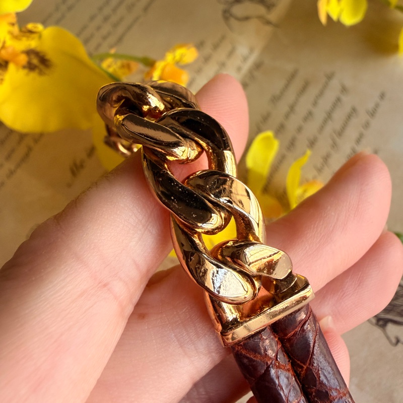 中性 Loewe皮革手鏈 棕色 鍍金拼皮革 羅意威 男女皆宜-12