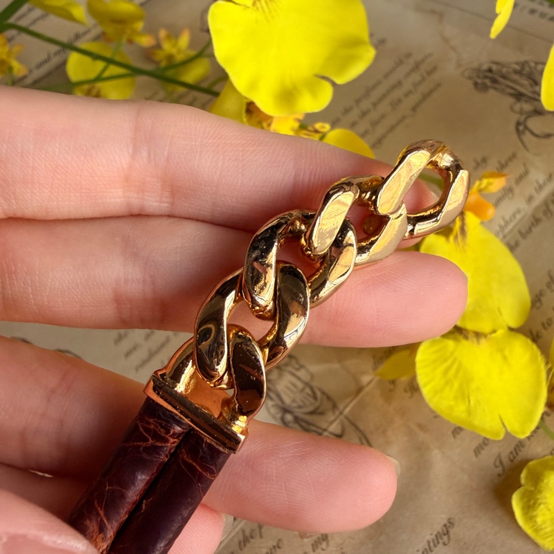 中性 Loewe皮革手鏈 棕色 鍍金拼皮革 羅意威 男女皆宜-13