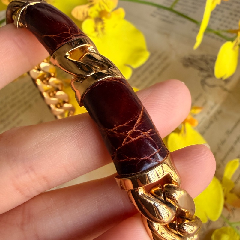 中性 Loewe皮革手鏈 棕色 鍍金拼皮革 羅意威 男女皆宜-15