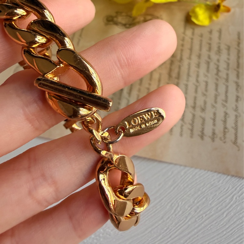 中性 Loewe皮革手鏈 棕色 鍍金拼皮革 羅意威 男女皆宜-18