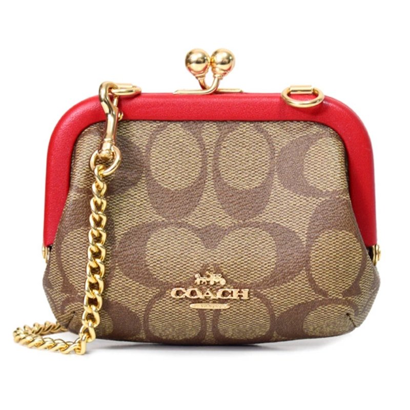 【COACH】滿版LOGO皮革小廢包/ 零錢鍊包-卡其紅-0