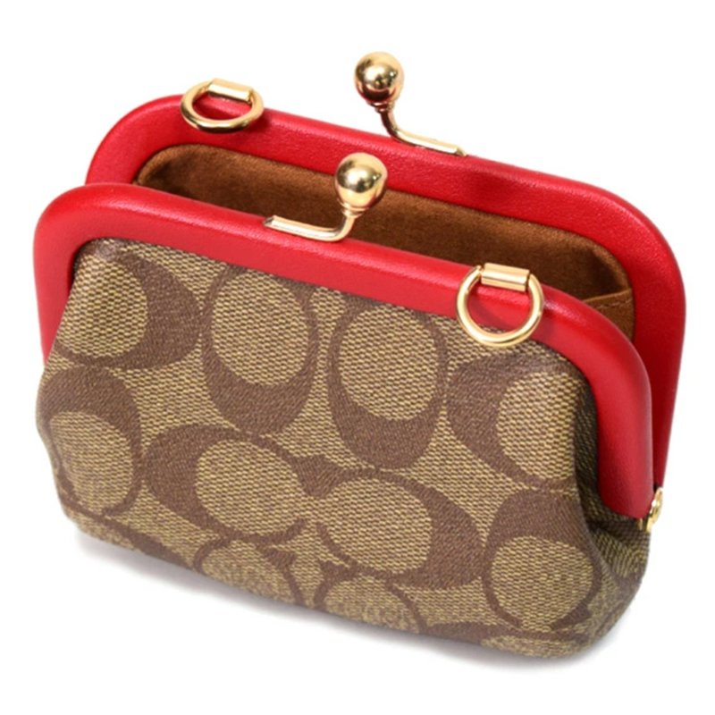 【COACH】滿版LOGO皮革小廢包/ 零錢鍊包-卡其紅-2