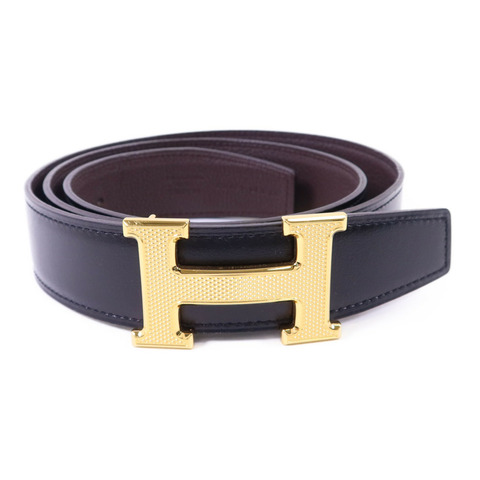 HERMES Box/Togo皮革Constance H Belt 90cm金扣皮帶Noir/Chocolat