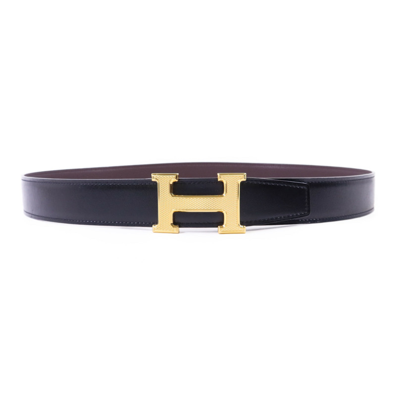 HERMES Box/Togo皮革Constance H Belt 90cm金扣皮帶Noir/Chocolat-1