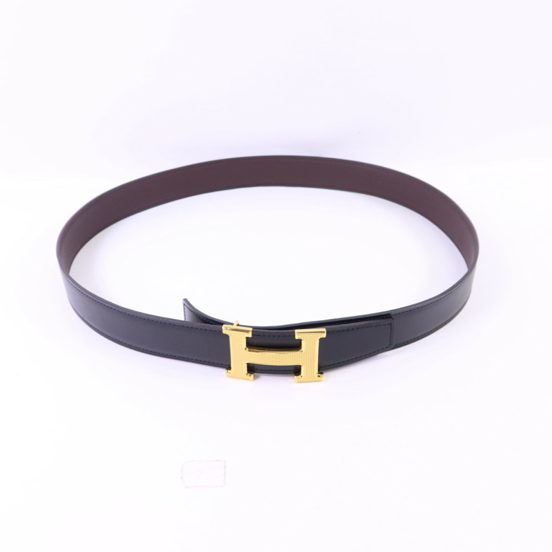 HERMES Box/Togo皮革Constance H Belt 90cm金扣皮帶Noir/Chocolat-2
