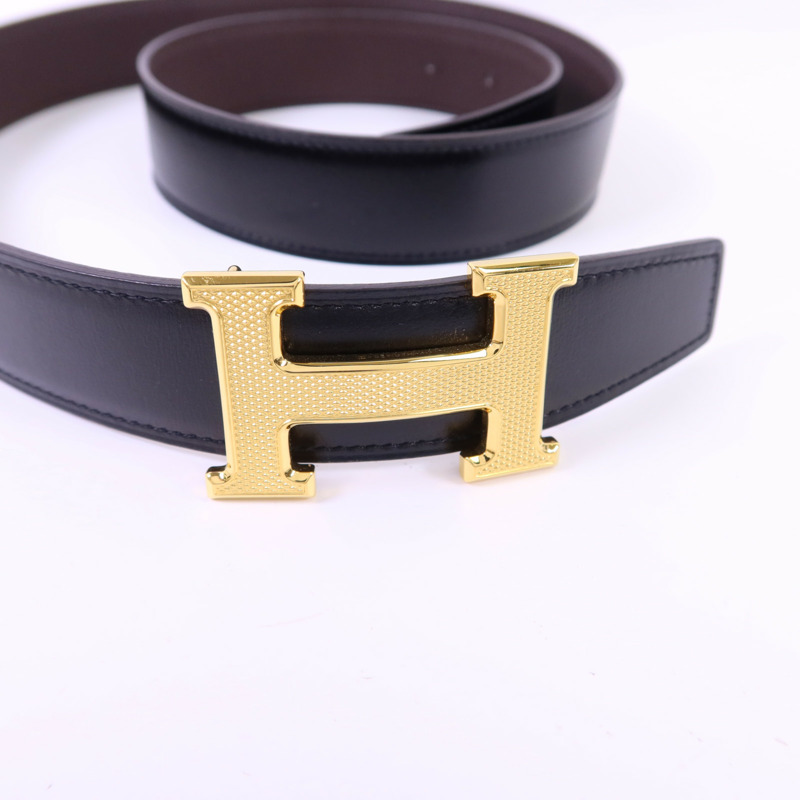 HERMES Box/Togo皮革Constance H Belt 90cm金扣皮帶Noir/Chocolat-7