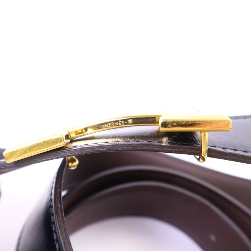 HERMES Box/Togo皮革Constance H Belt 90cm金扣皮帶Noir/Chocolat-12