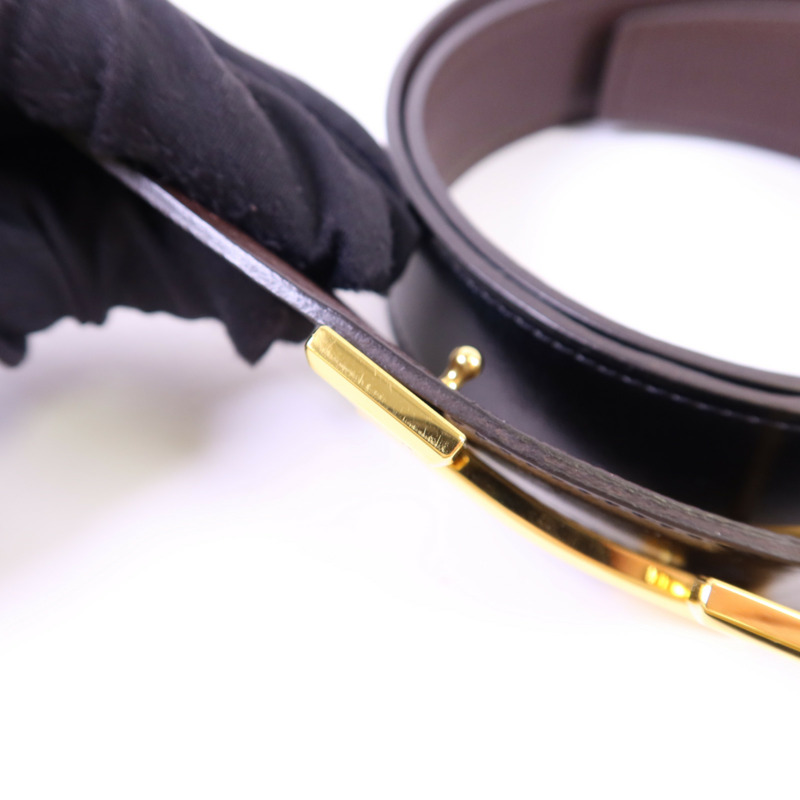 HERMES Box/Togo皮革Constance H Belt 90cm金扣皮帶Noir/Chocolat-13