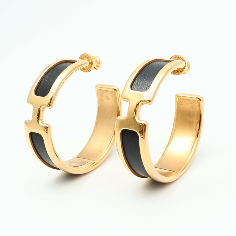 HERMES 金屬/Box Calf皮革Olympe Earrings耳環Noir-1