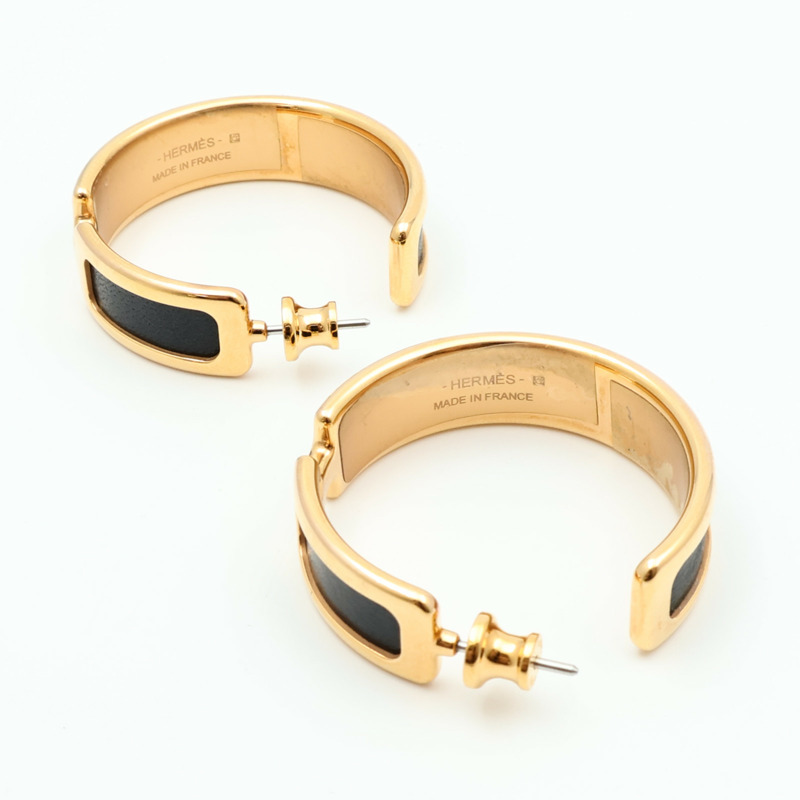 HERMES 金屬/Box Calf皮革Olympe Earrings耳環Noir-4