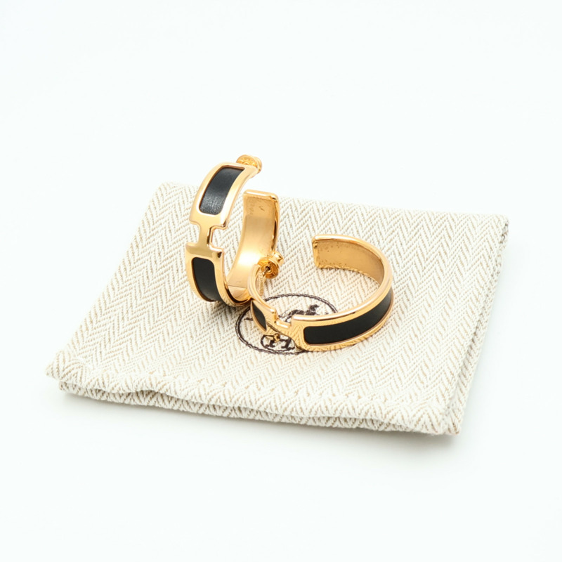 HERMES 金屬/Box Calf皮革Olympe Earrings耳環Noir-8