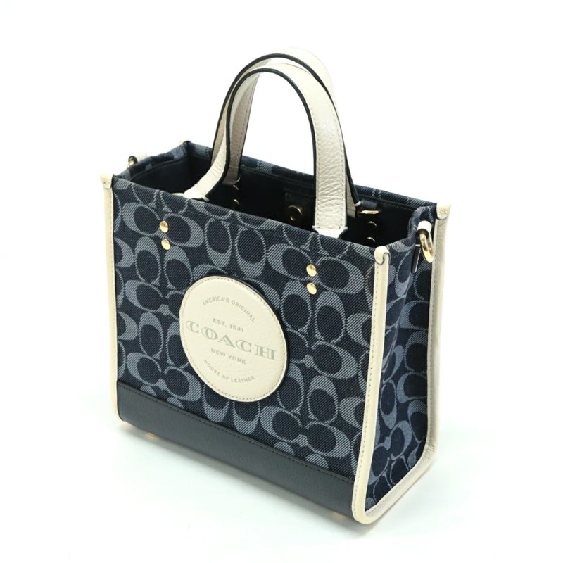 【COACH】圓標LOGO牛仔拼接皮革兩用包-深藍配白-1