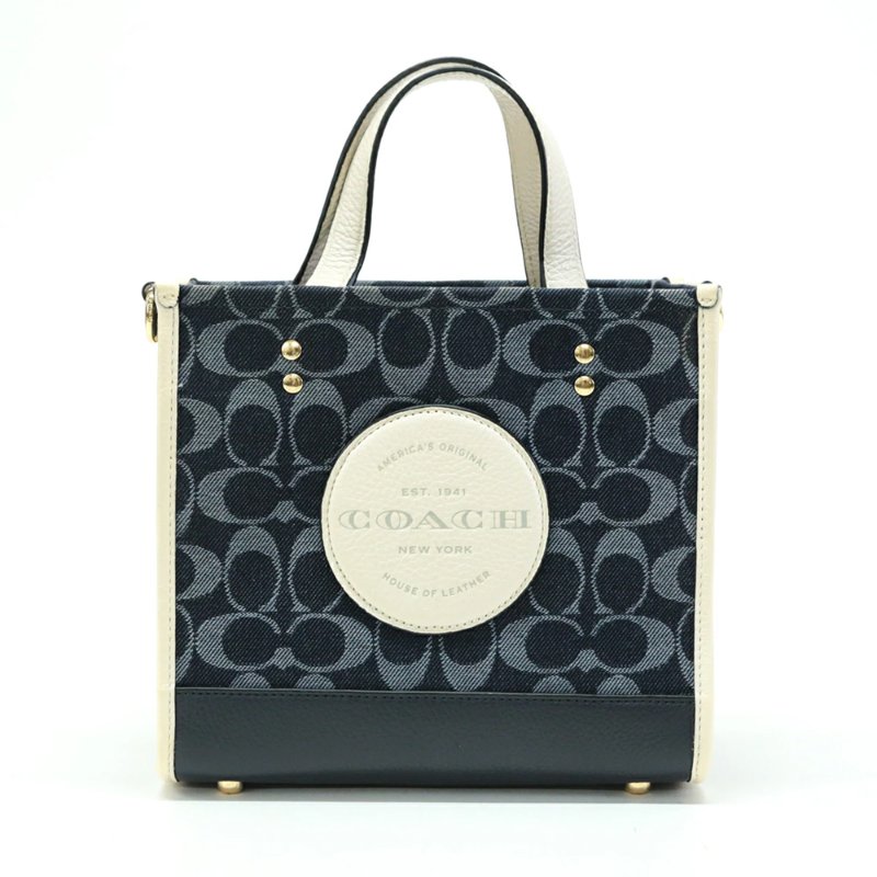 【COACH】圓標LOGO牛仔拼接皮革兩用包-深藍配白-4